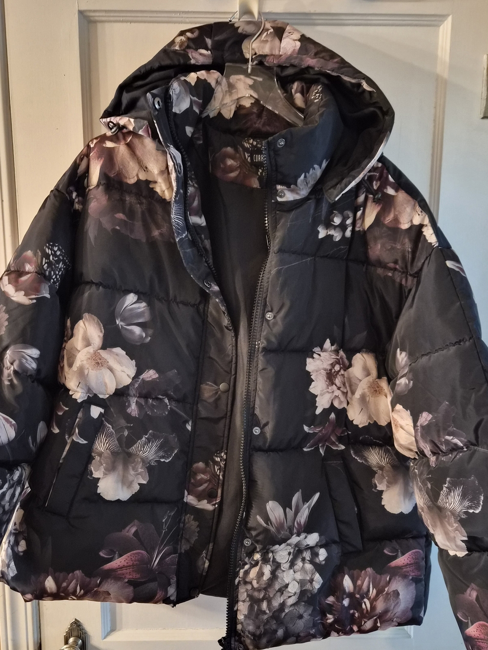 Current Mood Dolls Kill Black Puffer Jacket with Blush Floral Print